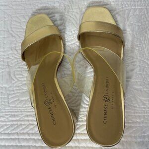 Chinese Laundry Gold Heels Gold And Clear Strap Sandal - Block Heel (Size 10)